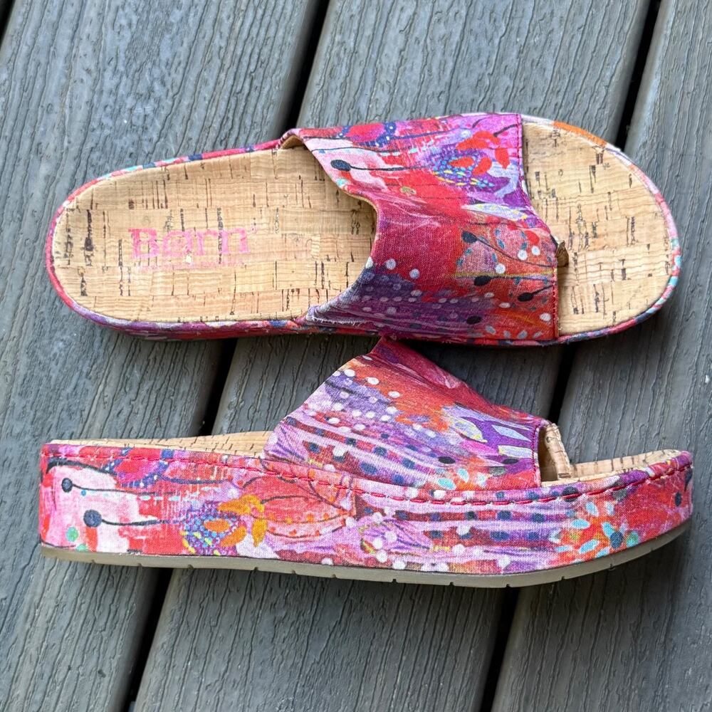 Born Size 7M Sharr Water Color Tencel Fabric Platform Cork Sandal Slides
